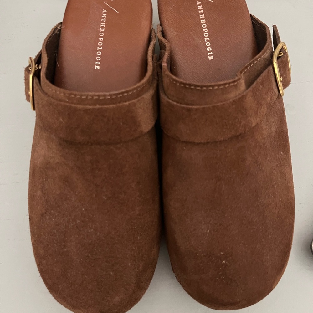 Anthropologie Chestnut Suede Clogs with Gold Buckle